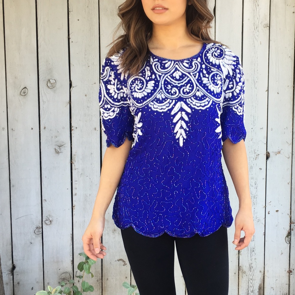 Beautiful Hand Beaded Cobalt Blue Top